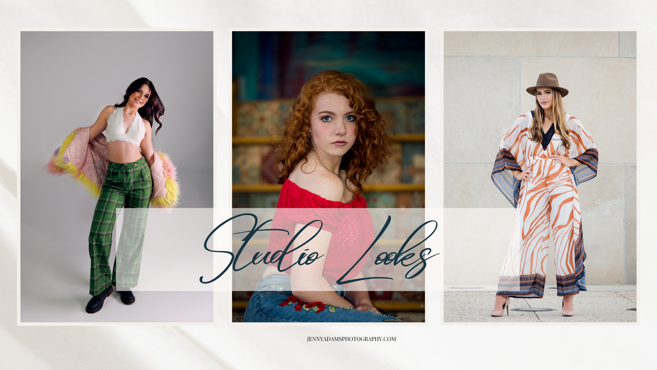 3 different studio looks for high school senior photos from high fashion to colorful.