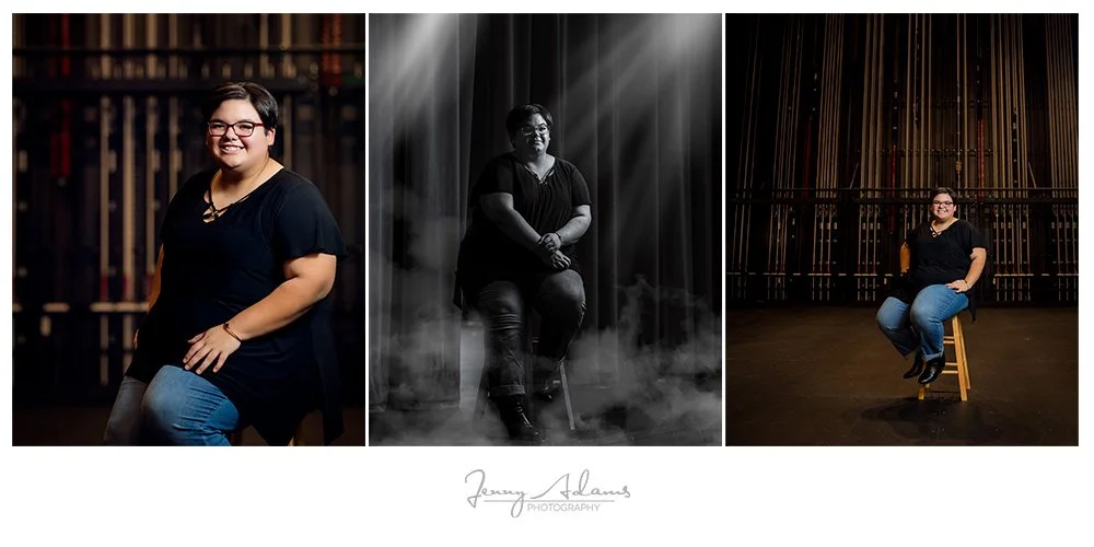 High school senior photo of girl backstage at ames high school