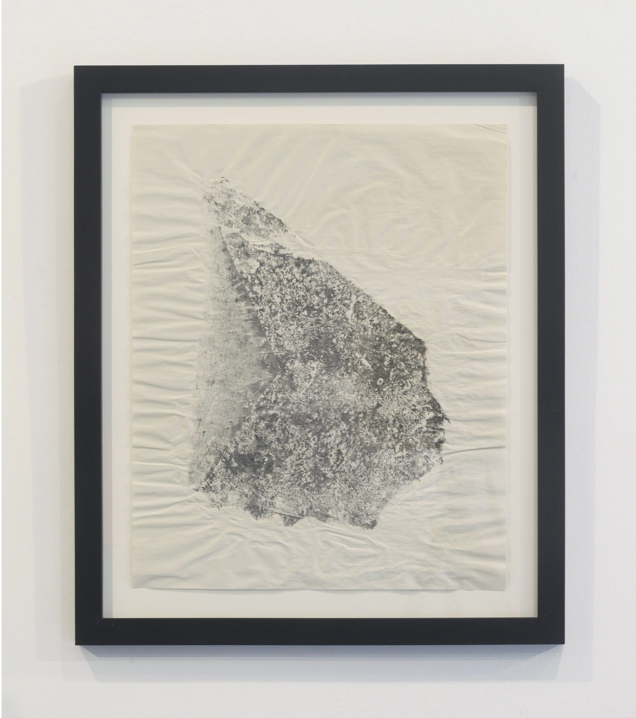 Message, 2021, ink imprint of a shore stone on newsprint, from Shore Stones. A Remix of Damage, Strata Collective, Reid Gallery, The Glasgow School of Art, 2022. © McAteer Photograph