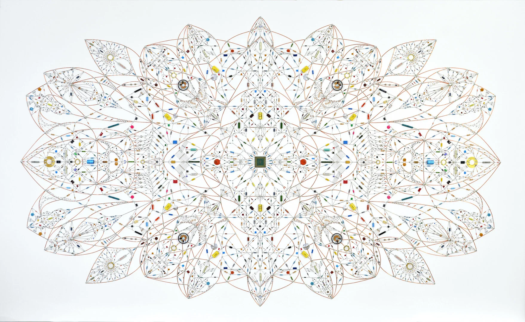 Leonardo Ulian’s Technological mandala 131 – Blooming mind ( source ) Electronic components, copper wire, acrylic paint, varnish, paper, wood frame, 240 cm x 146 cm x 4,5 cm, 2018