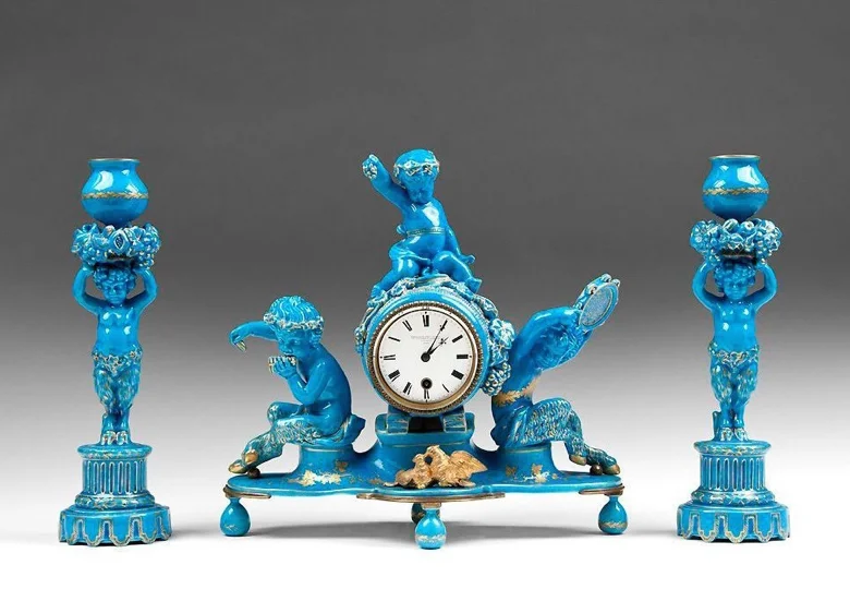 19th c. Blue Turquoise Glazed Sevres Style Clock Set