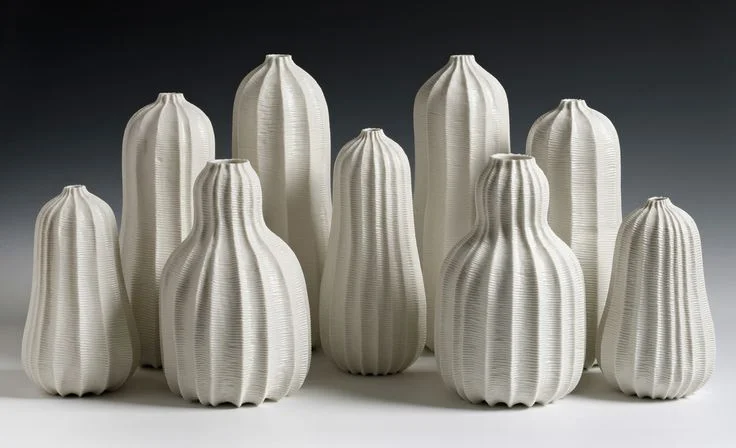 Andrew Wicks, Garniture of Seven Vases, 2013. Thrown and carved porcelain.