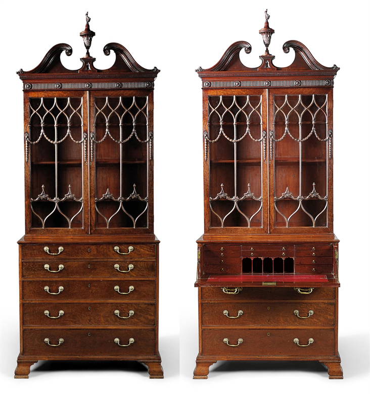 A Chippendale secretary with gothic tracery glazing