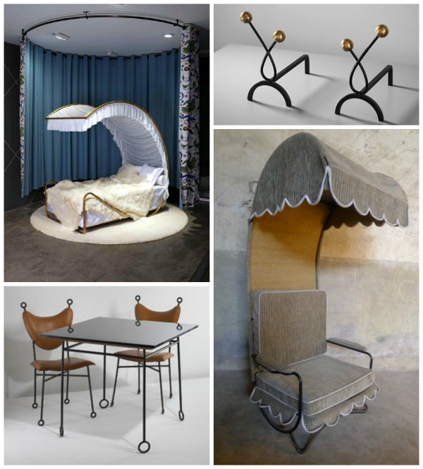 Some of Royere’s more whimsical designs include, clockwise, his “Starlette” bed, “Boule” andirons, patio furniture and “Yo Yo table and chair set.