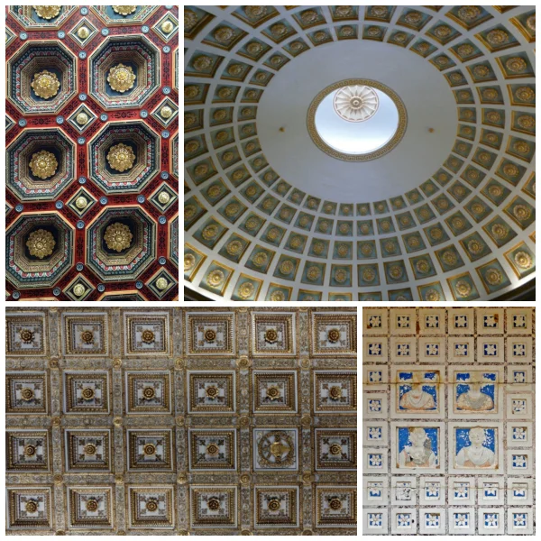 Coffered ceilings clockwise: at Mir Castle, Belarus, the dome at Museum of Asian art of Corfu, Greece, at Elahbel tower tomb, Palmyra, Syria, at the Basilica di Santa Maria Maggiore, Rome.