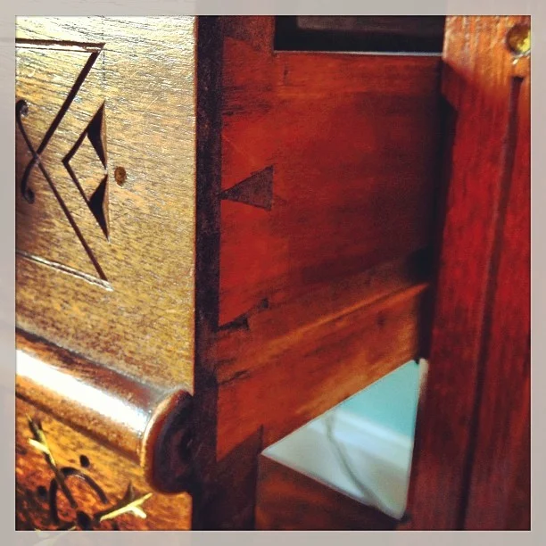 Dovetail joint on the drawer of the Victorian period desk in my office