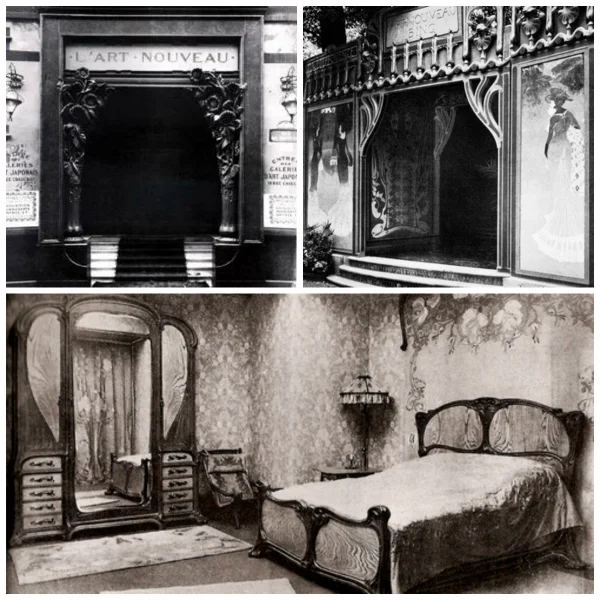 Clockwise, exterior of Bing’s gallery, exterior of Bing’s pavillion at the Paris Exposition in 1900, Interior at the Exposition.