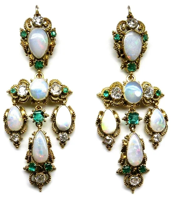 Pair of 19th century opal, emerald and diamond filigree pendant earrings, c.1840. S.J. Phillips Ltd.