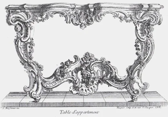 Note s-scrolls, c-scrolls and center rocaille element, all Rococo design elements