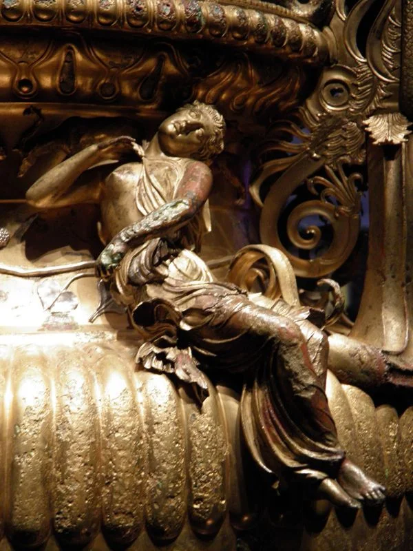 The Derveni krater, late 4th century B.C., a Menead seated on the shoulder of the vase, Archaeological Museum, Thessaloniki, Greece.