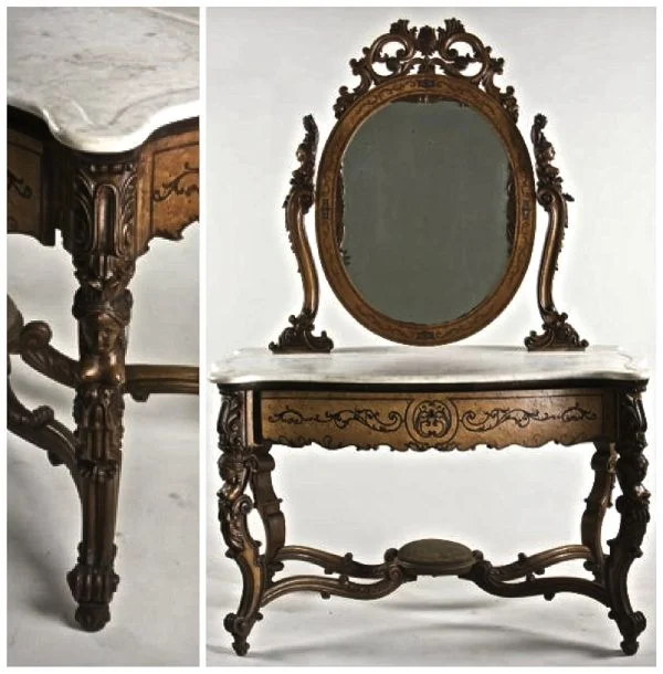 Dressing Table from the Victorian Renaissance Revival Period with Caryatids. Excuse the blurriness–it is a very common form.