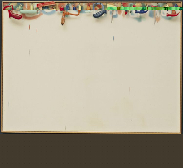 Jim Dine. (American, born 1935). Five Feet of Colorful Tools. 1962. Oil on unprimed canvas surmounted by a board on which painted tools hang from hooks, 55 5/8 x 60 1/4 x 4 3/8" (141.2 x 152.9 x 11 cm). The Sidney and Harriet Janis Collection. © 2008 Jim Dine / Artists Rights Society (ARS), New York
