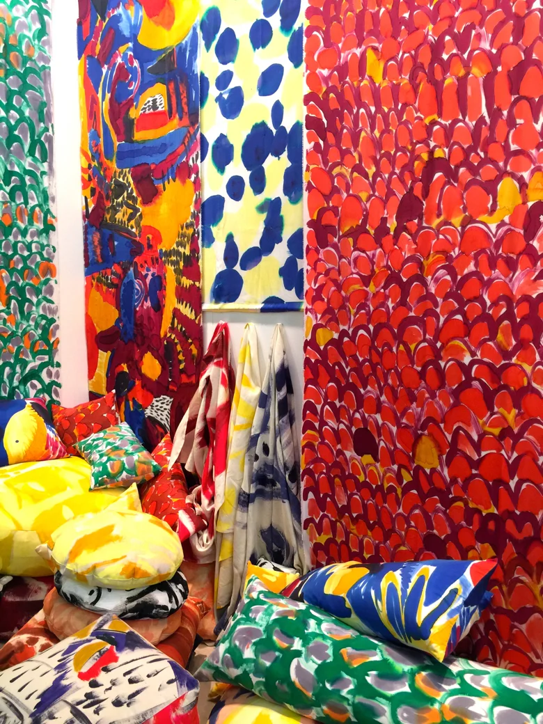 Hand painted textiles shown by Fort Makers at the Architectural Digest Home Show