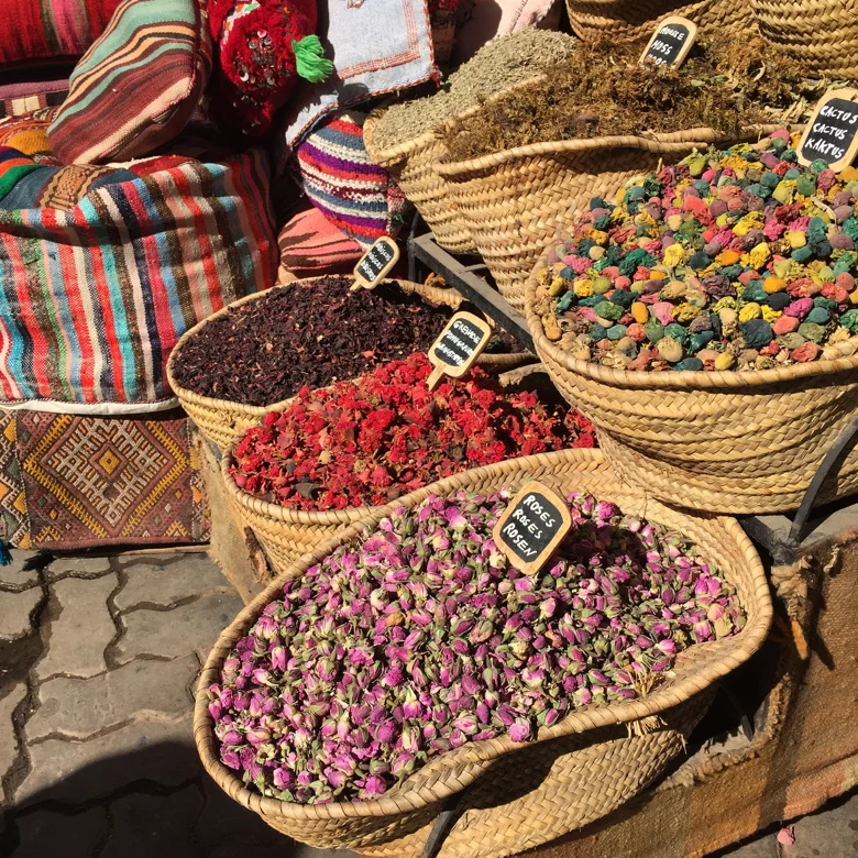 Spices and dried flowers in the Medina. Marrakech, Morocco
