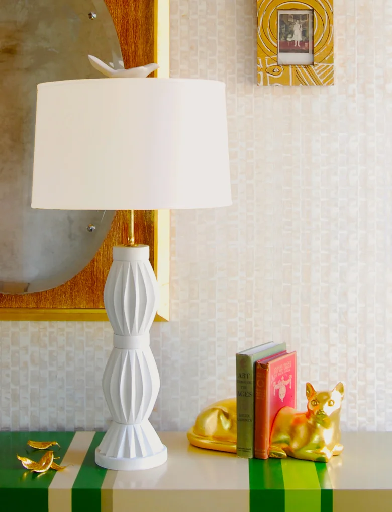 Lamp, wallpaper, console, mirror and cat bookends from The Alpha Workshops