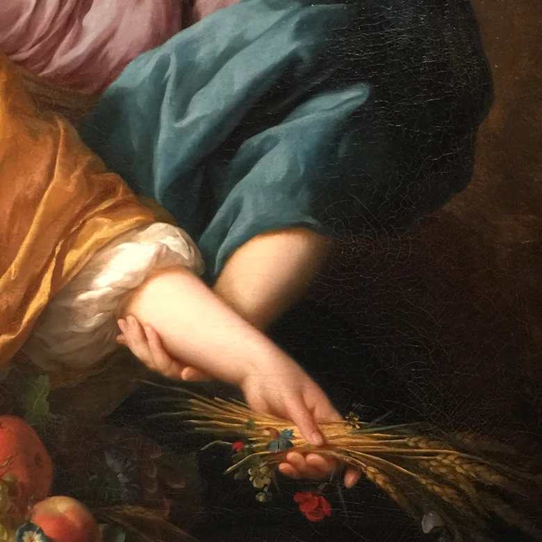 Detail from the painting "Peace Bringing Back Abundance," by Vigee Le Brun, showing the artist's superb skills as a colorist. 1784