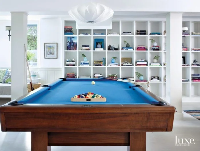 Game room in basement in Montauk NY designed by Lynn Byrne of Decor Arts Now