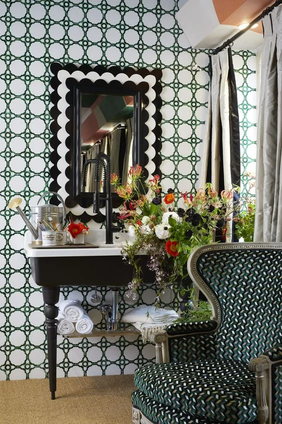 A bathroom designed by Young Huh shows how Young spins some Draper motifs.