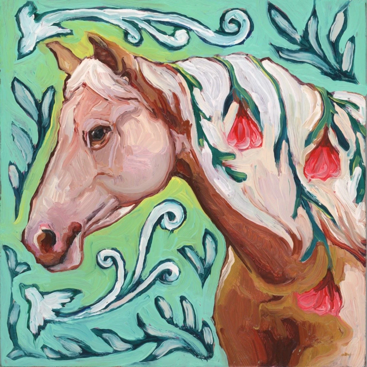 a painting of a tan horse with a white mane, with red flowers in its mane. the background is green and yellow with white butterflies and foilage.