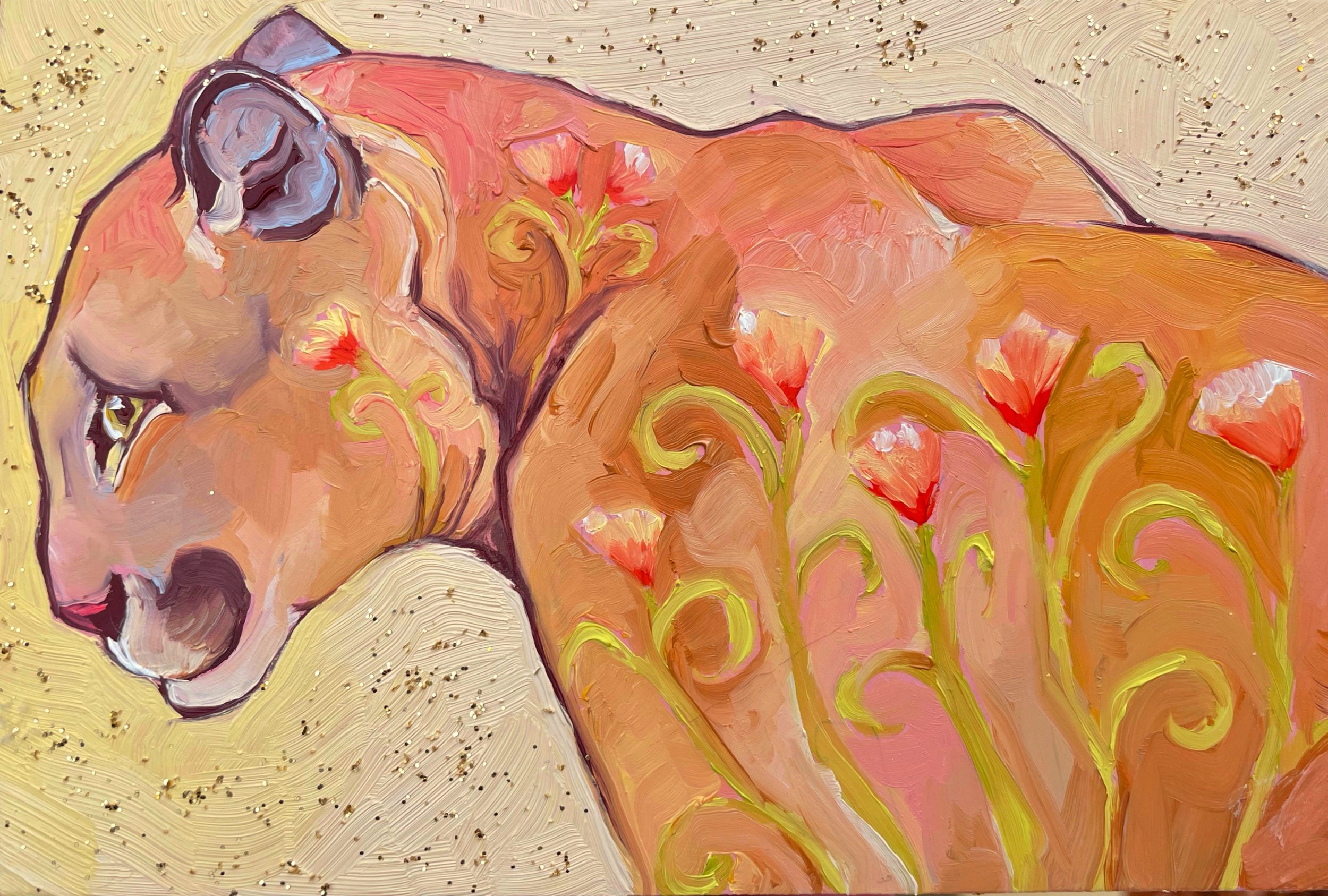 a colorful painting of a mountain lion with flowers in its body