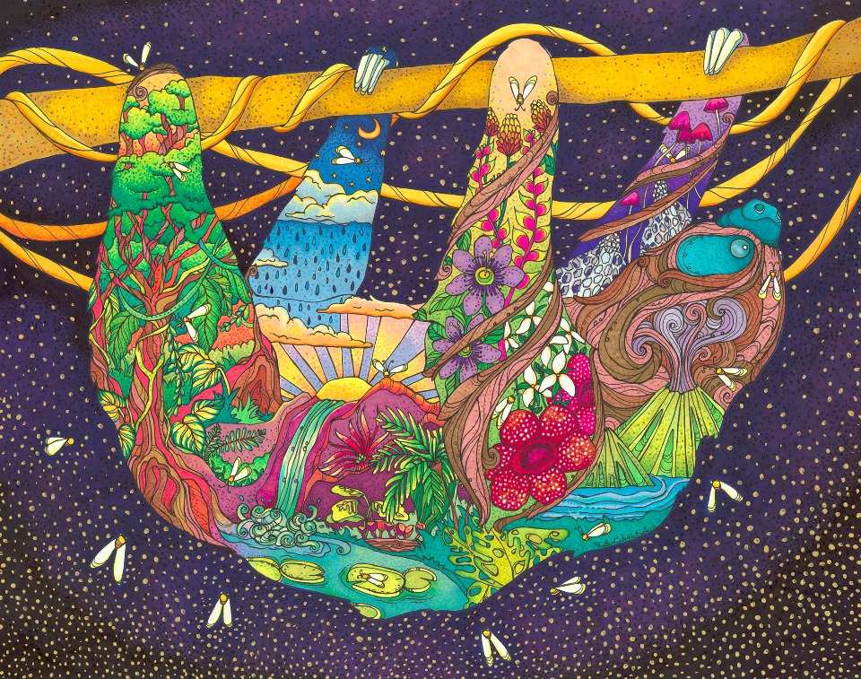 a colorful illustration of a sloth on a golden vine