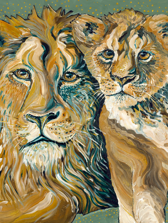 A painting of a lion and cub