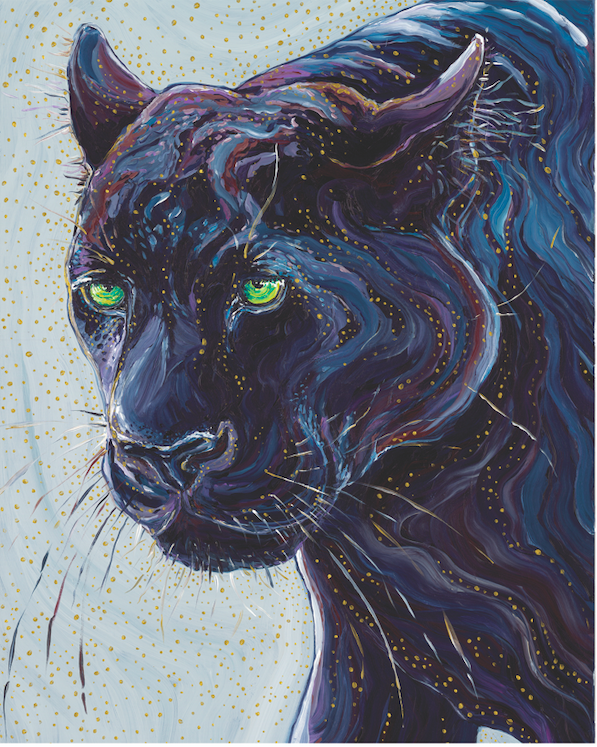 A painting of a black panther mid step. It has piercing green eyes and an intense expression.