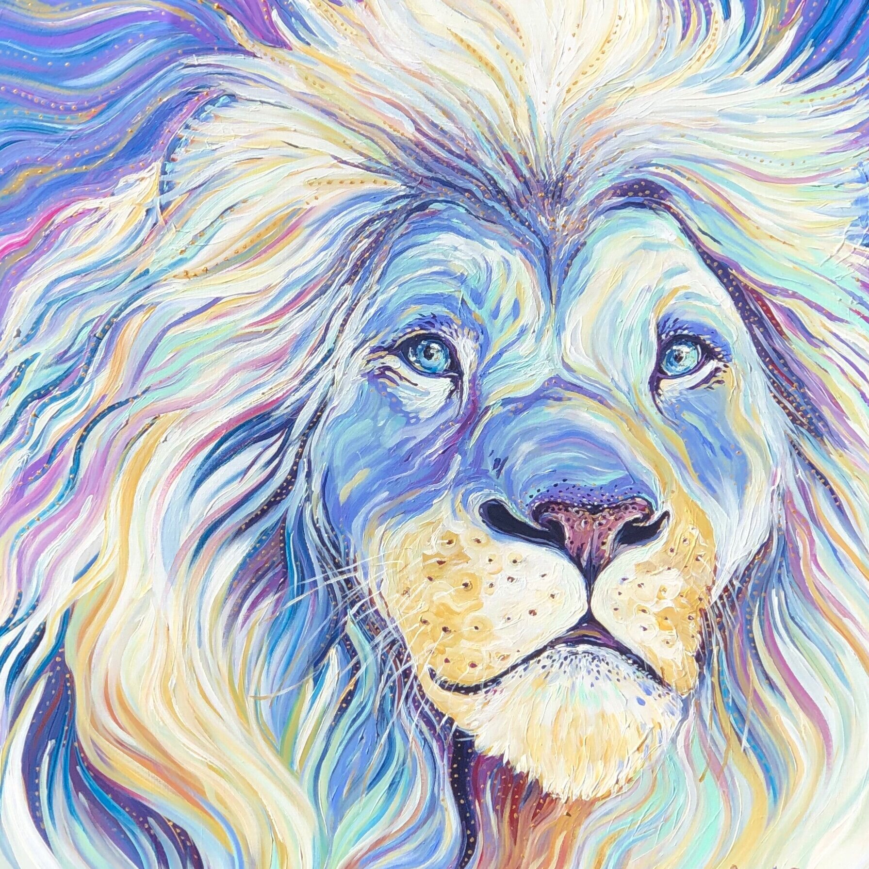 A painting of a white Lion with a soulful expression on its face. It’s mane is accented with brilliant purples, blues, and greens.
