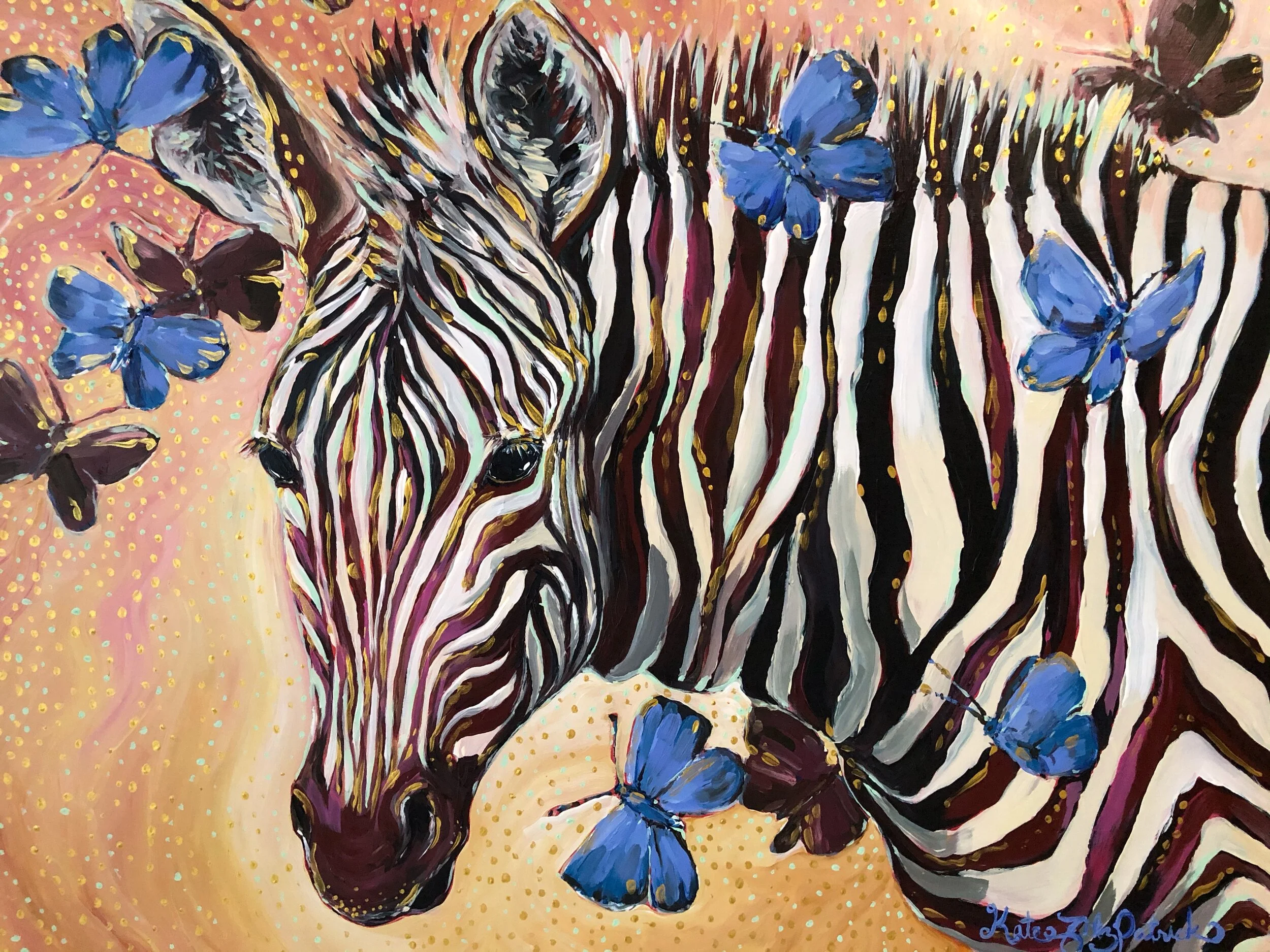 A painting of a zebra surrounded by blue butterflies