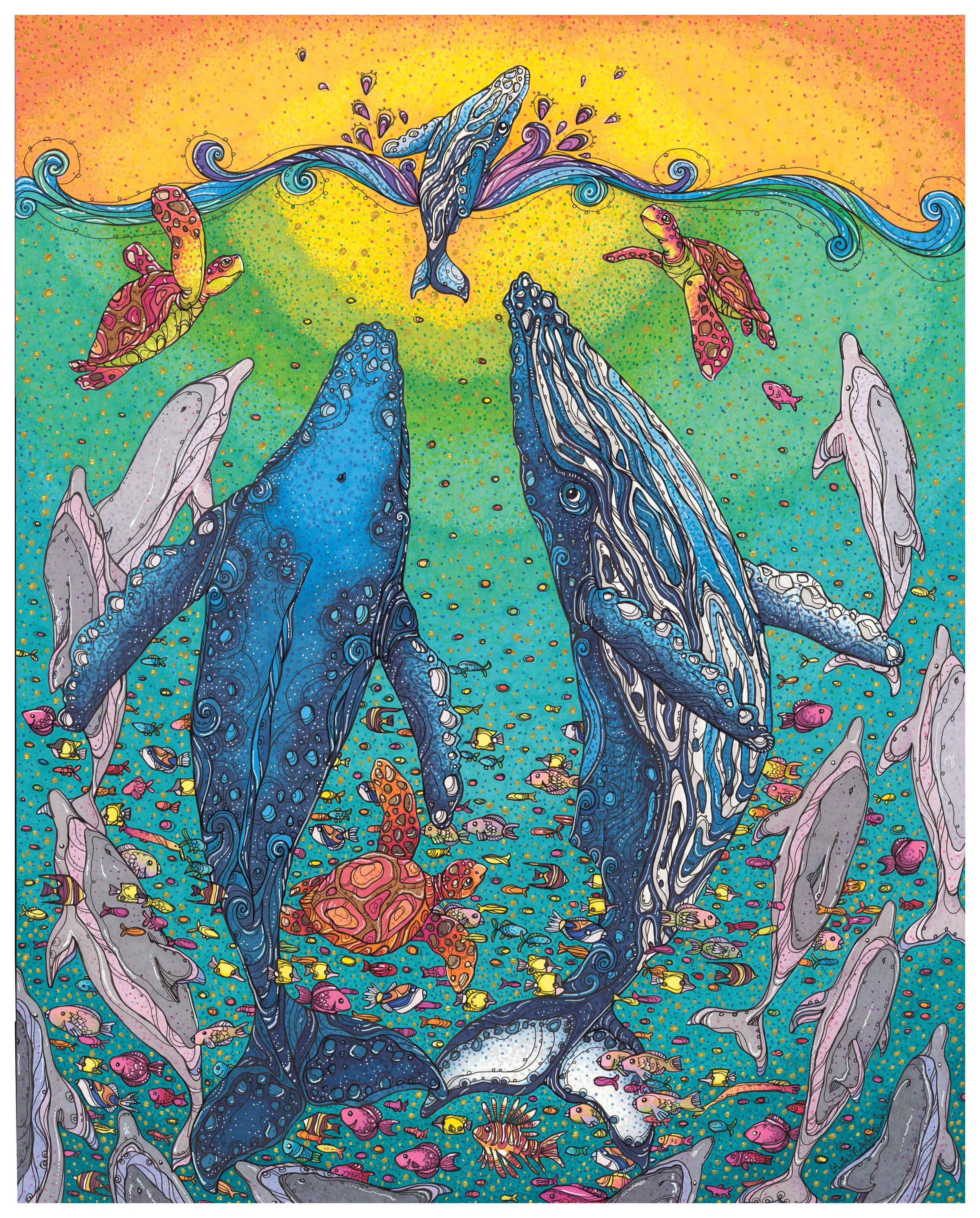 a colorful illustration of two humpback whales underwater. They are looking upwards at a baby humpback whale breaching. Dolphins, sea turtles, and fish surround the whales.