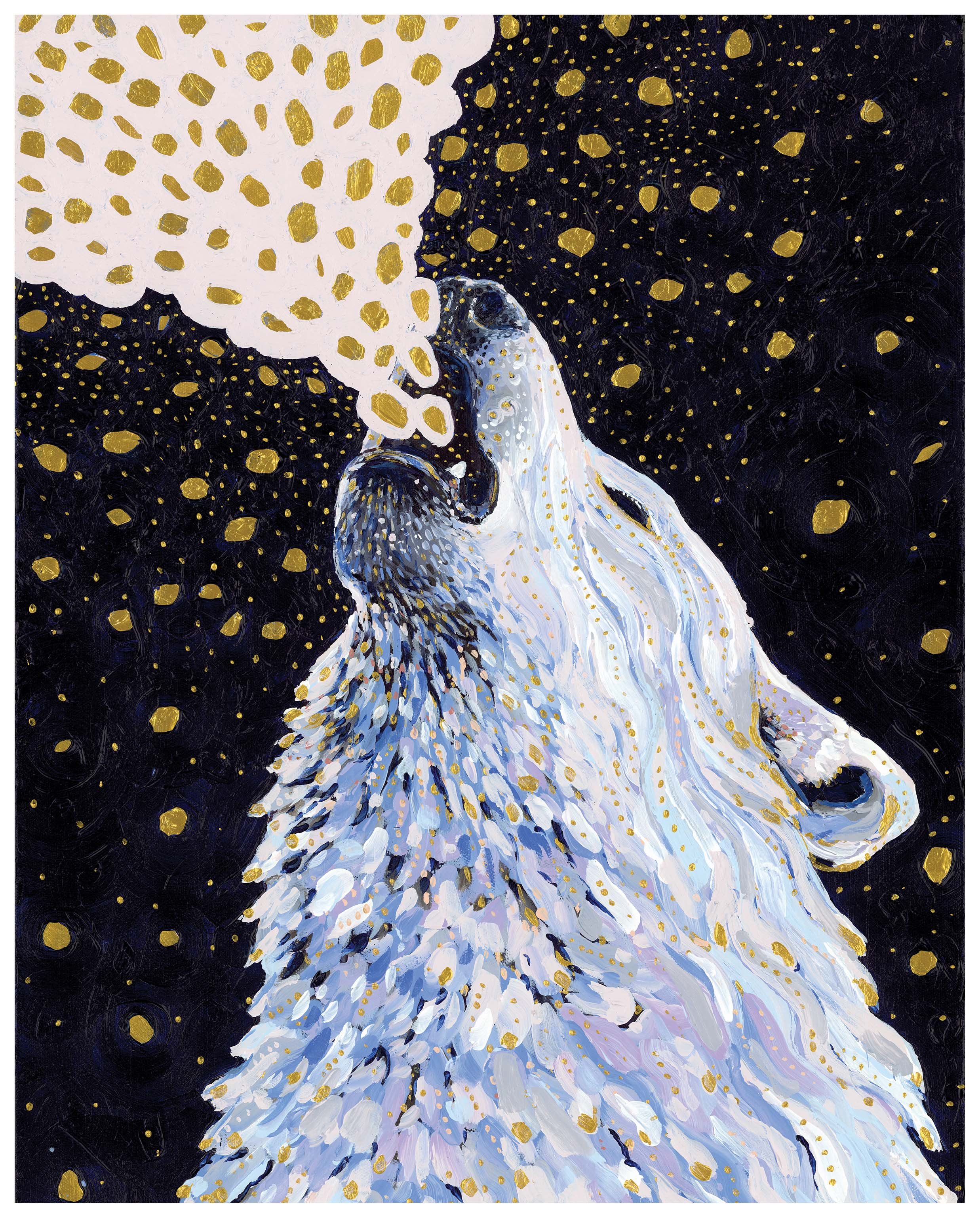 a painting of a white wolf howling