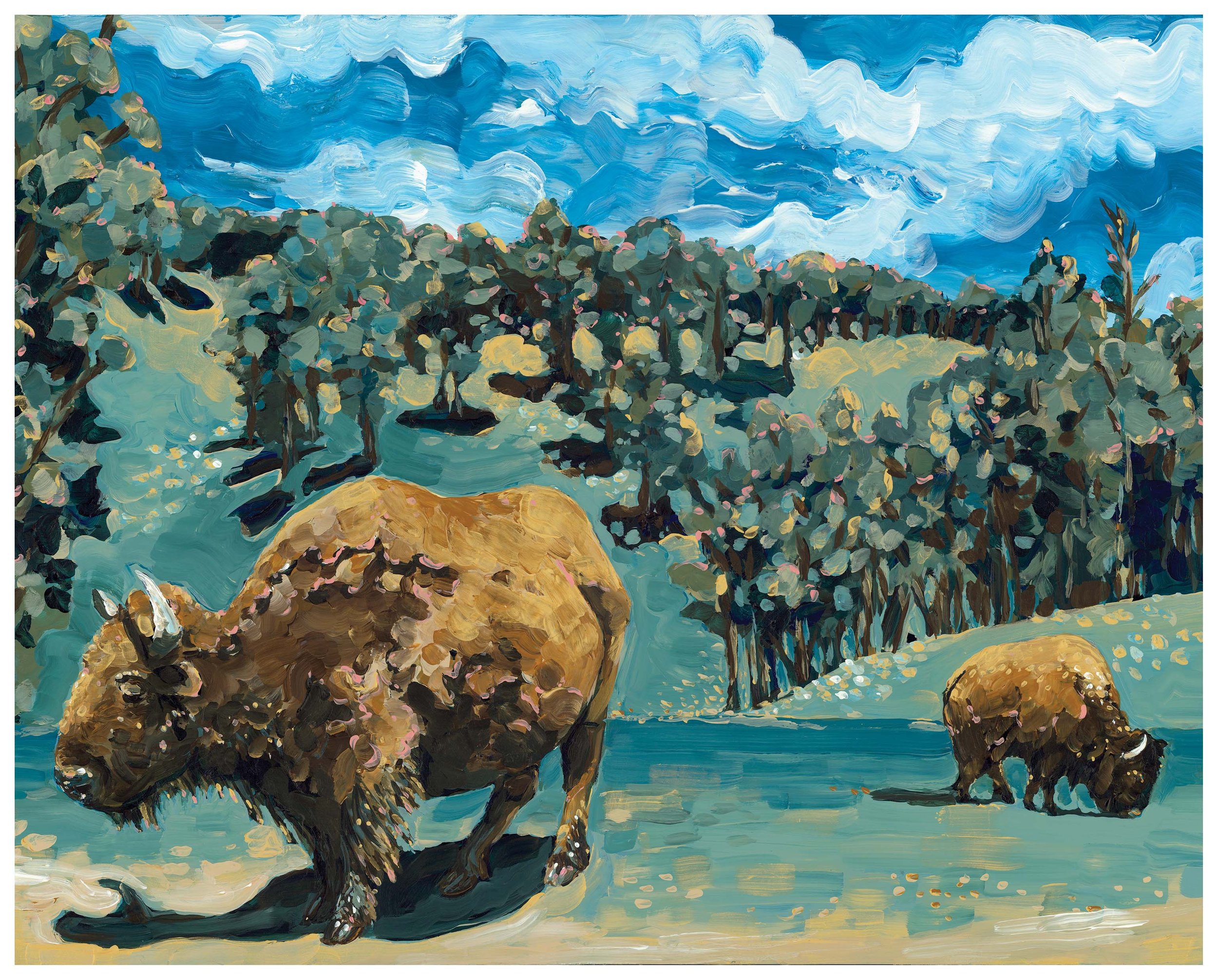 A painting of two bison in a green field under a blue cloudy sky