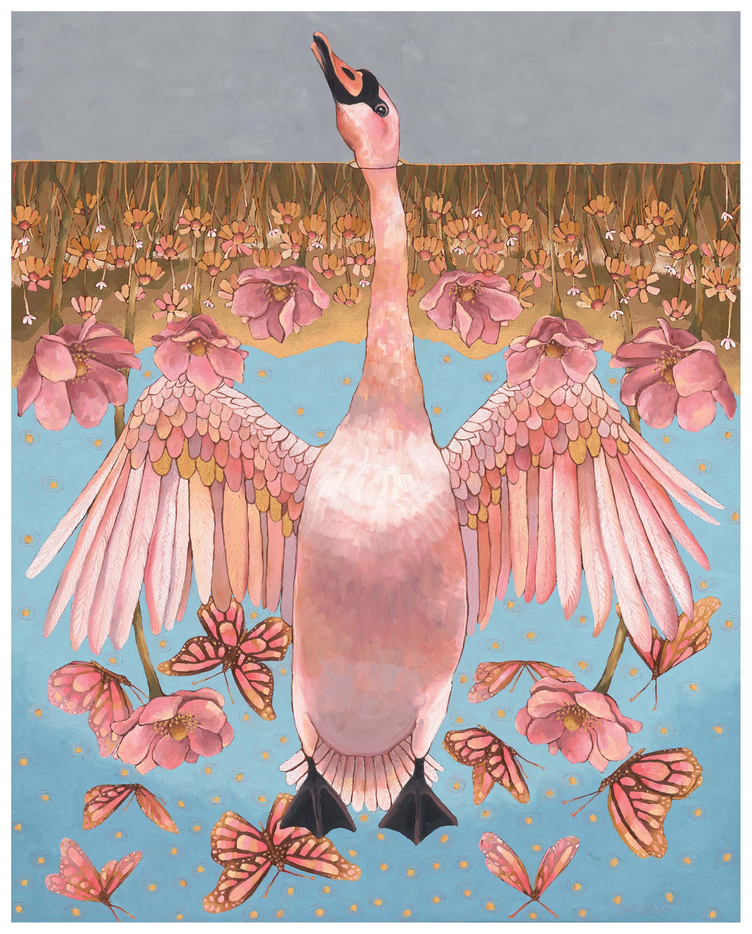 a painting of a swan. its head is in a gray background but beneath that is a blue sky and butterflies