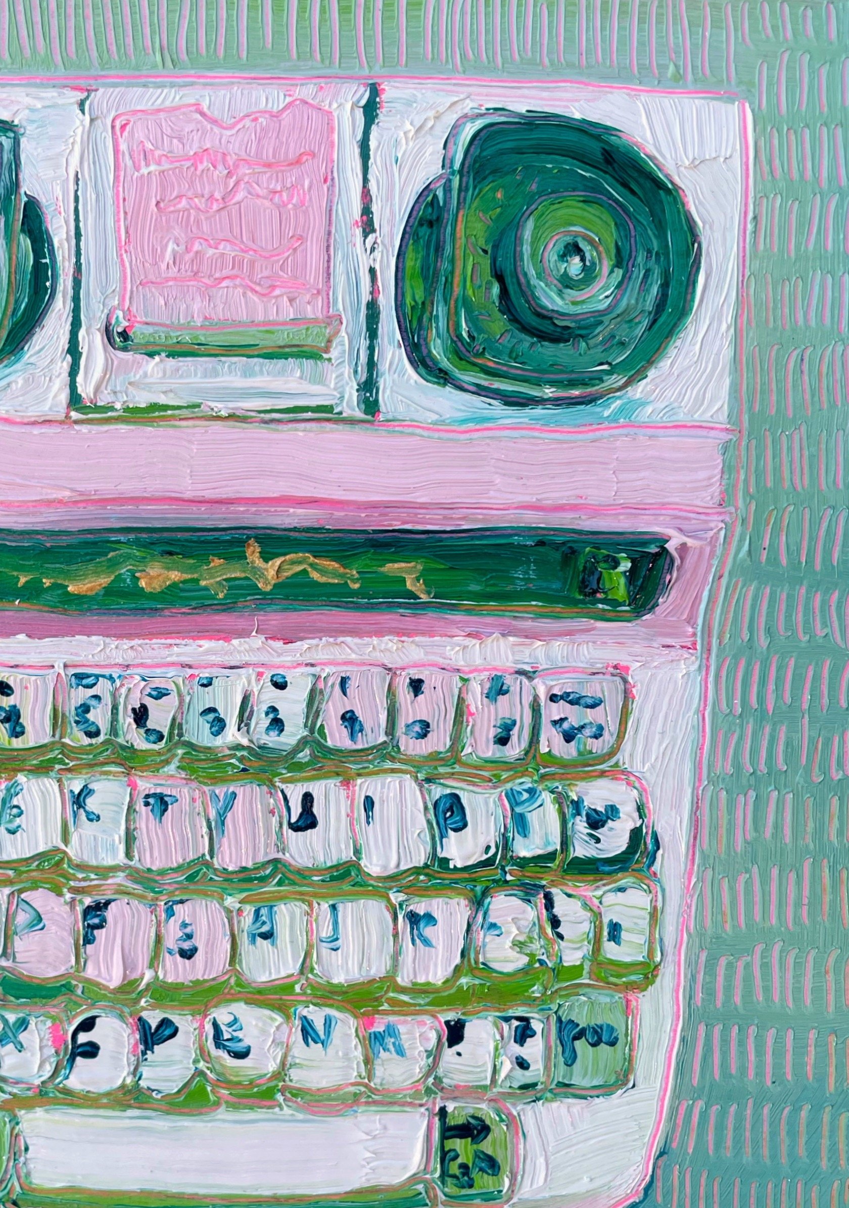 a close up on the paint texture and carving on the pink and green tty painting