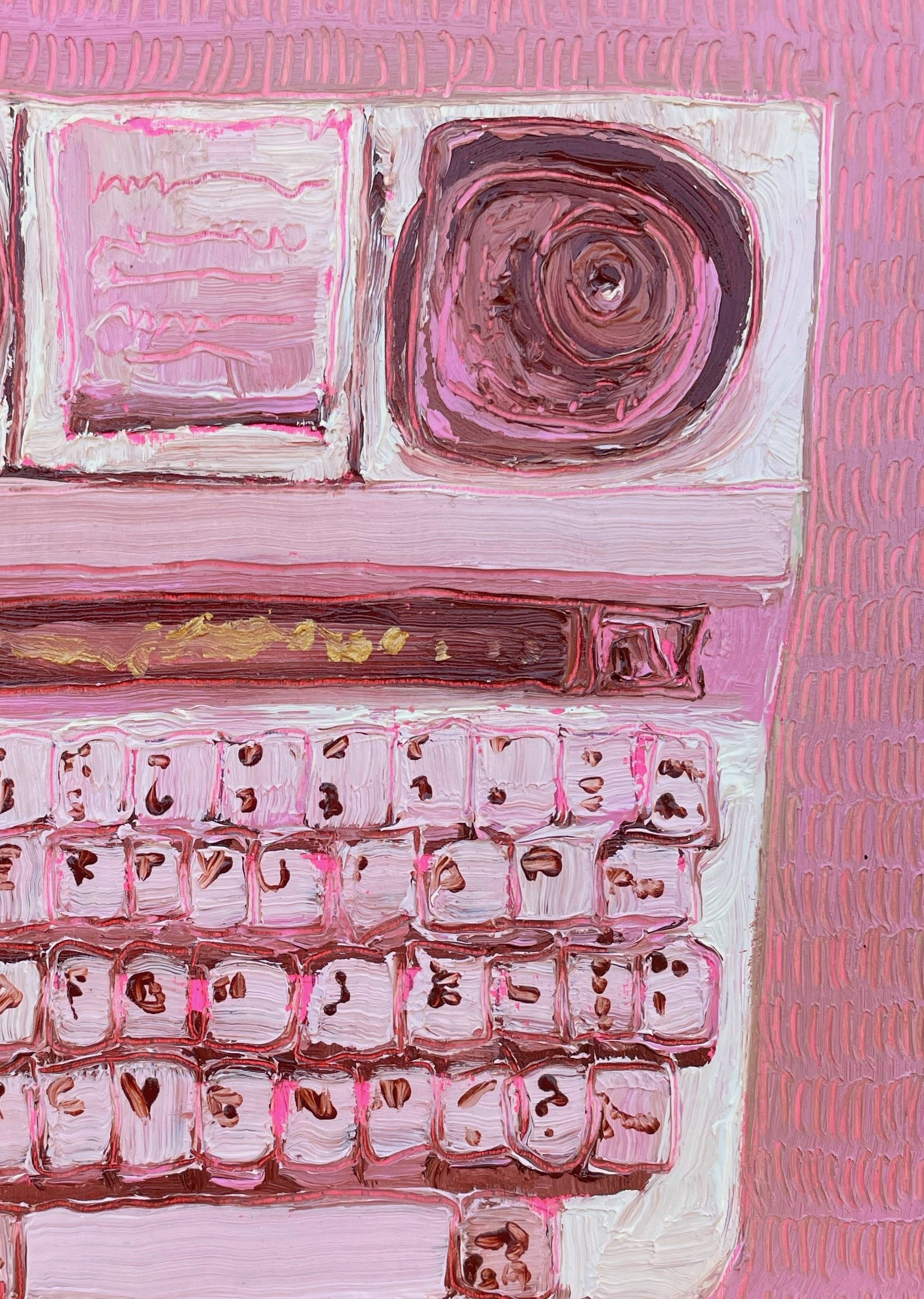 close up on the pink tty showing paint texture and carving