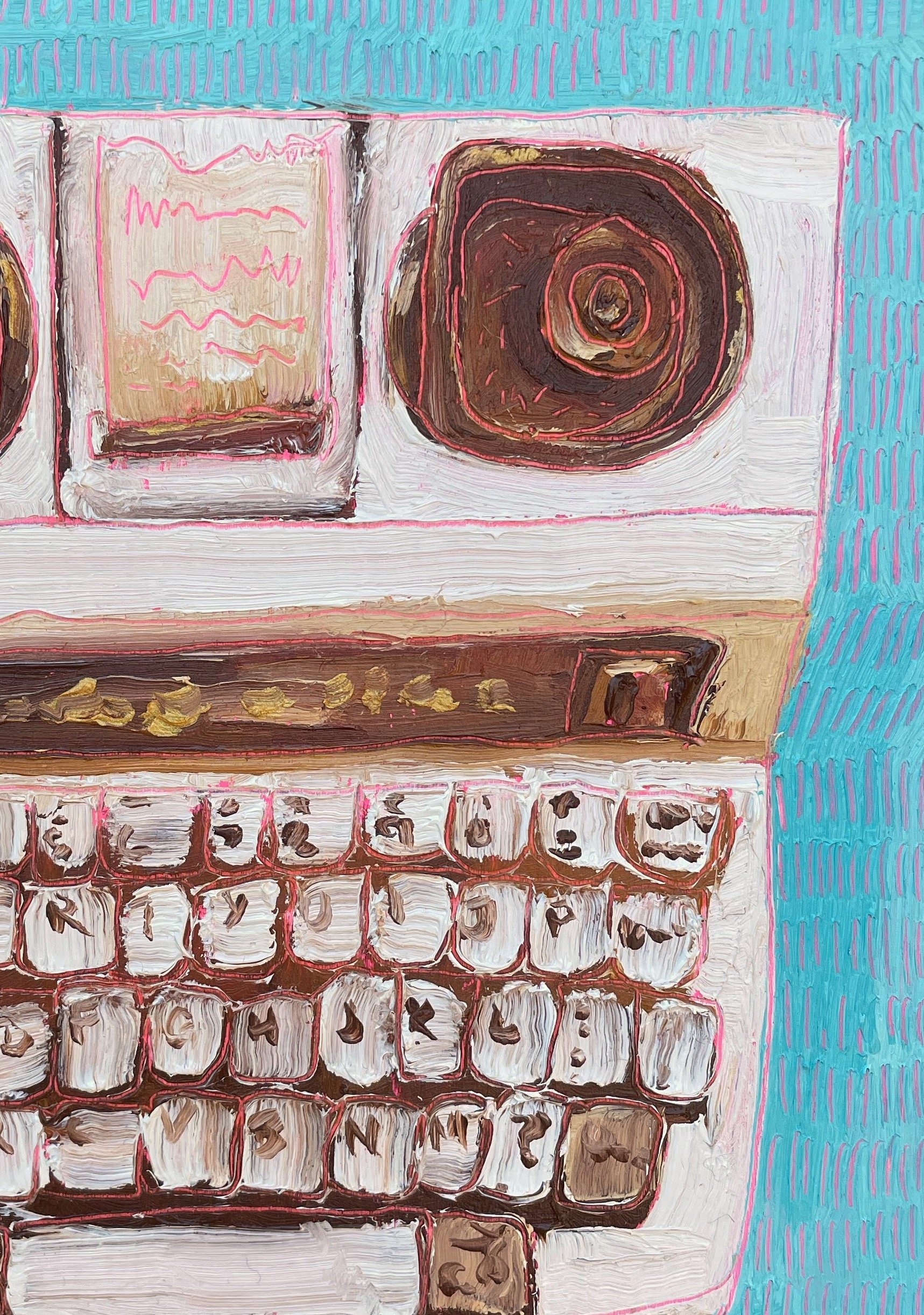 a close up on the tty painting showing paint texture and carving