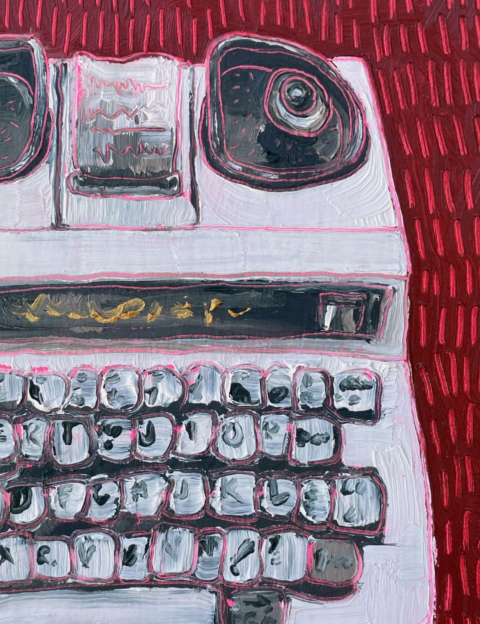 close up on the tty painting showing paint texture and carving