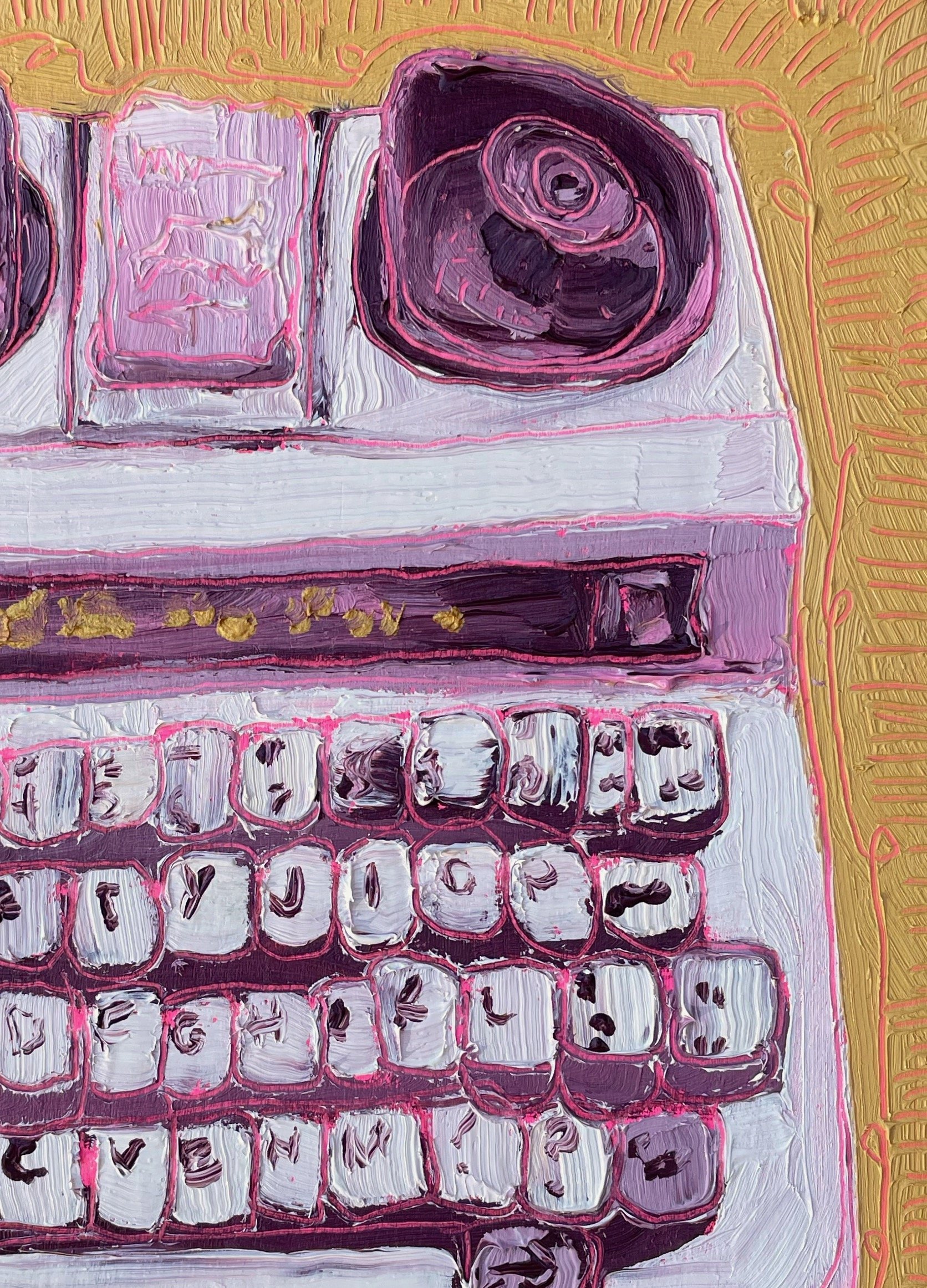close up on the tty painting showing paint texture and carving