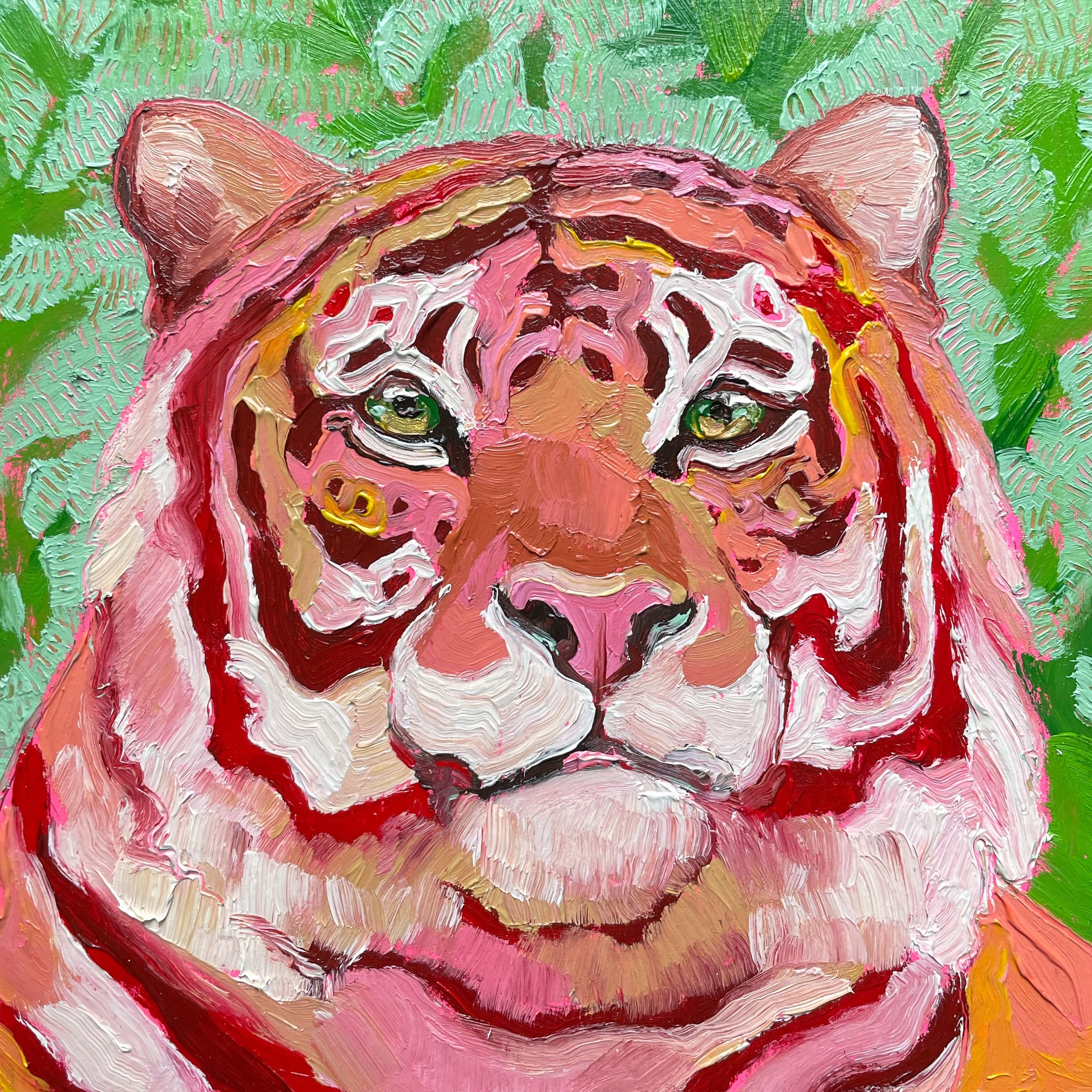 a colorful painting of a tiger against a green leafy background