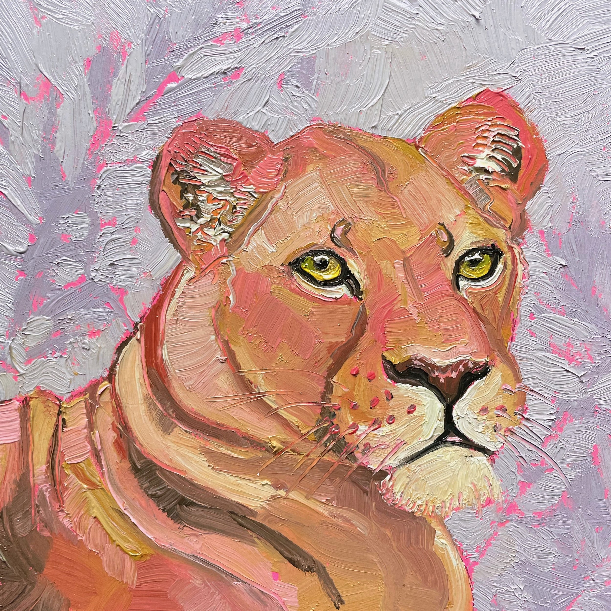 a colorful painting of a lioness against a lavender background