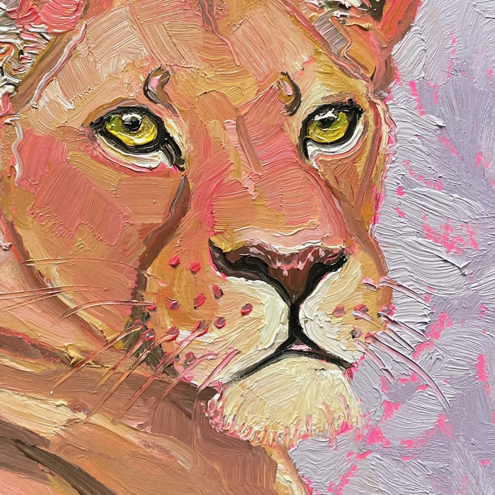 a close up on texture on a colorful painting of a lioness against a lavender background