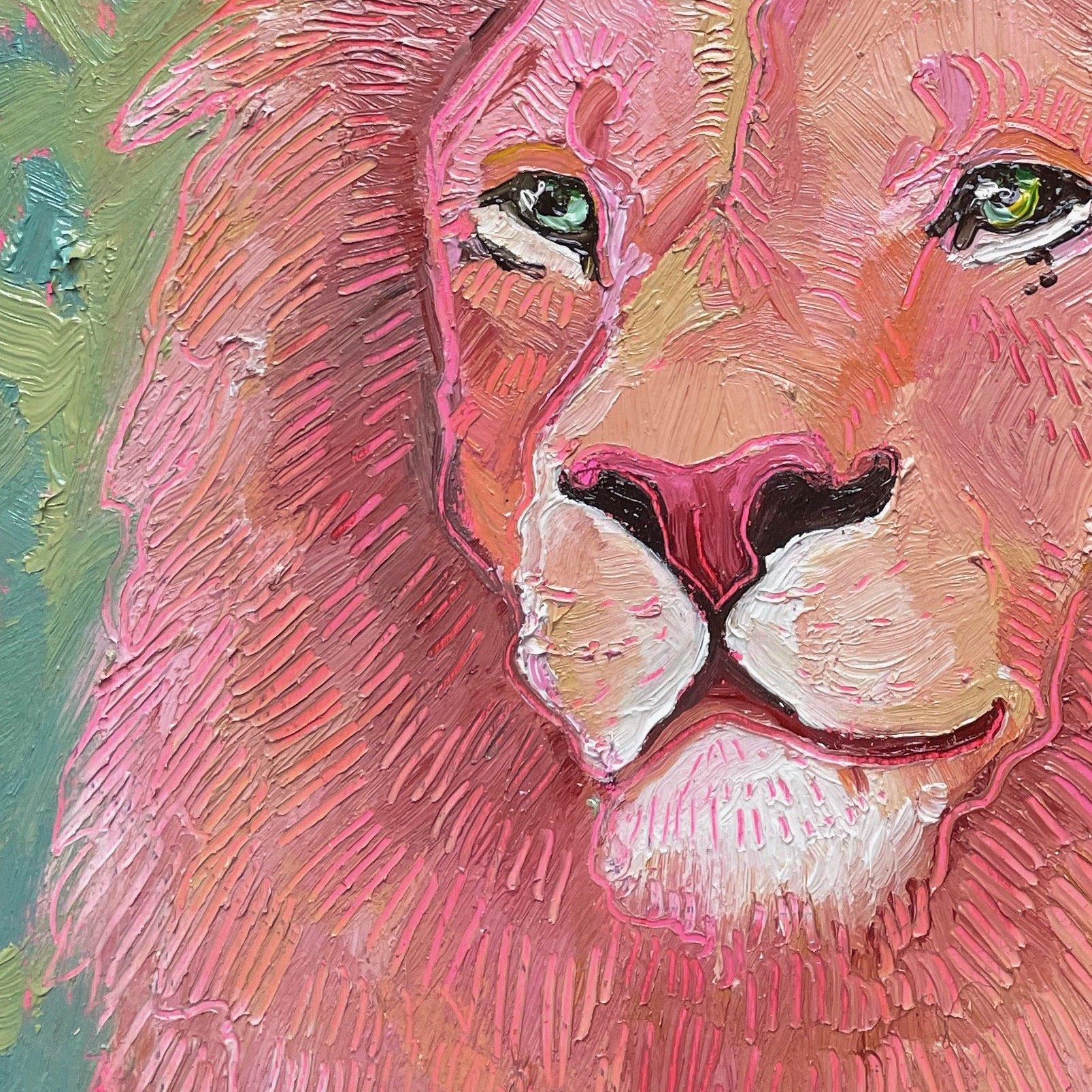a close up on a colorful painting of a lion against a green background