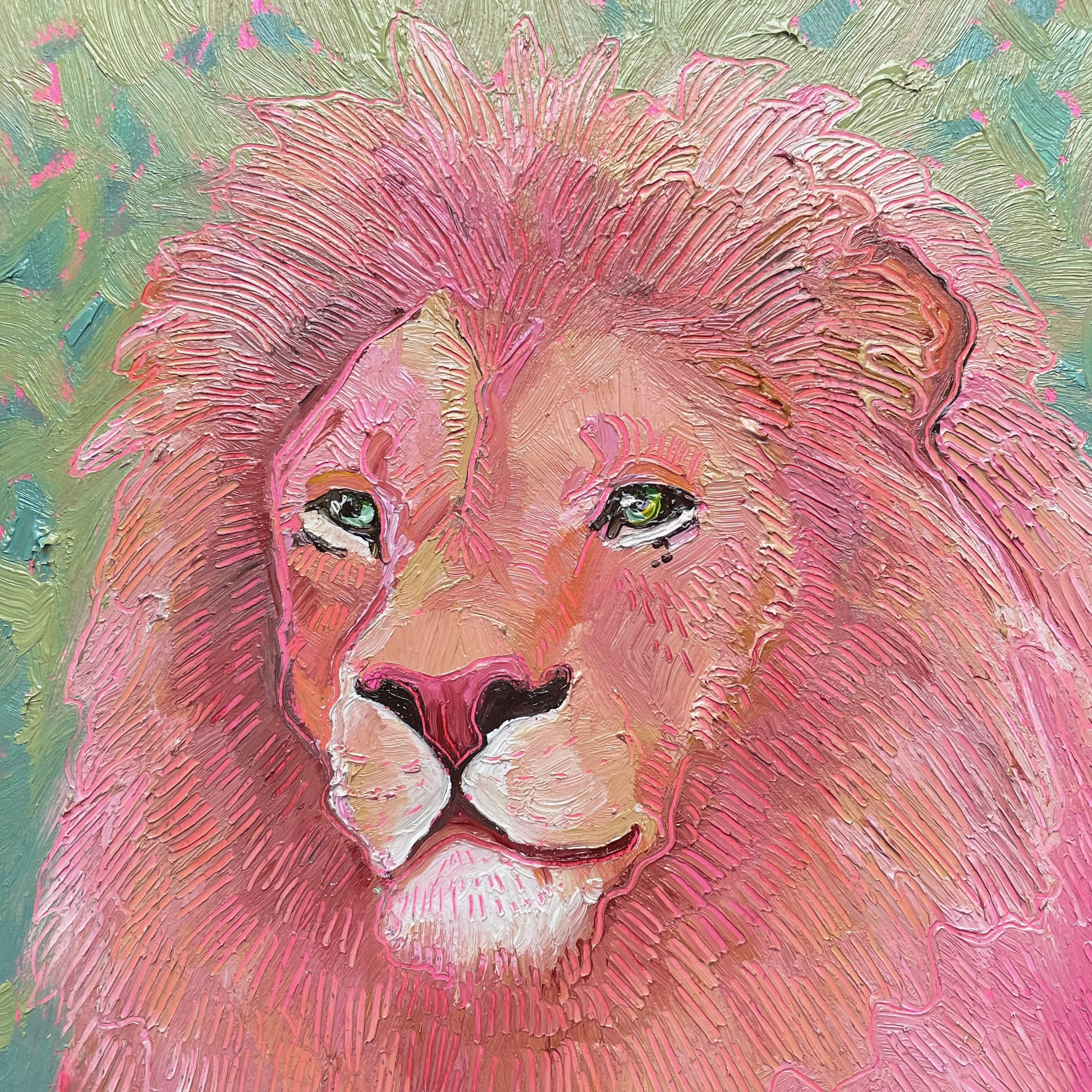 a colorful painting of a lion against a green background