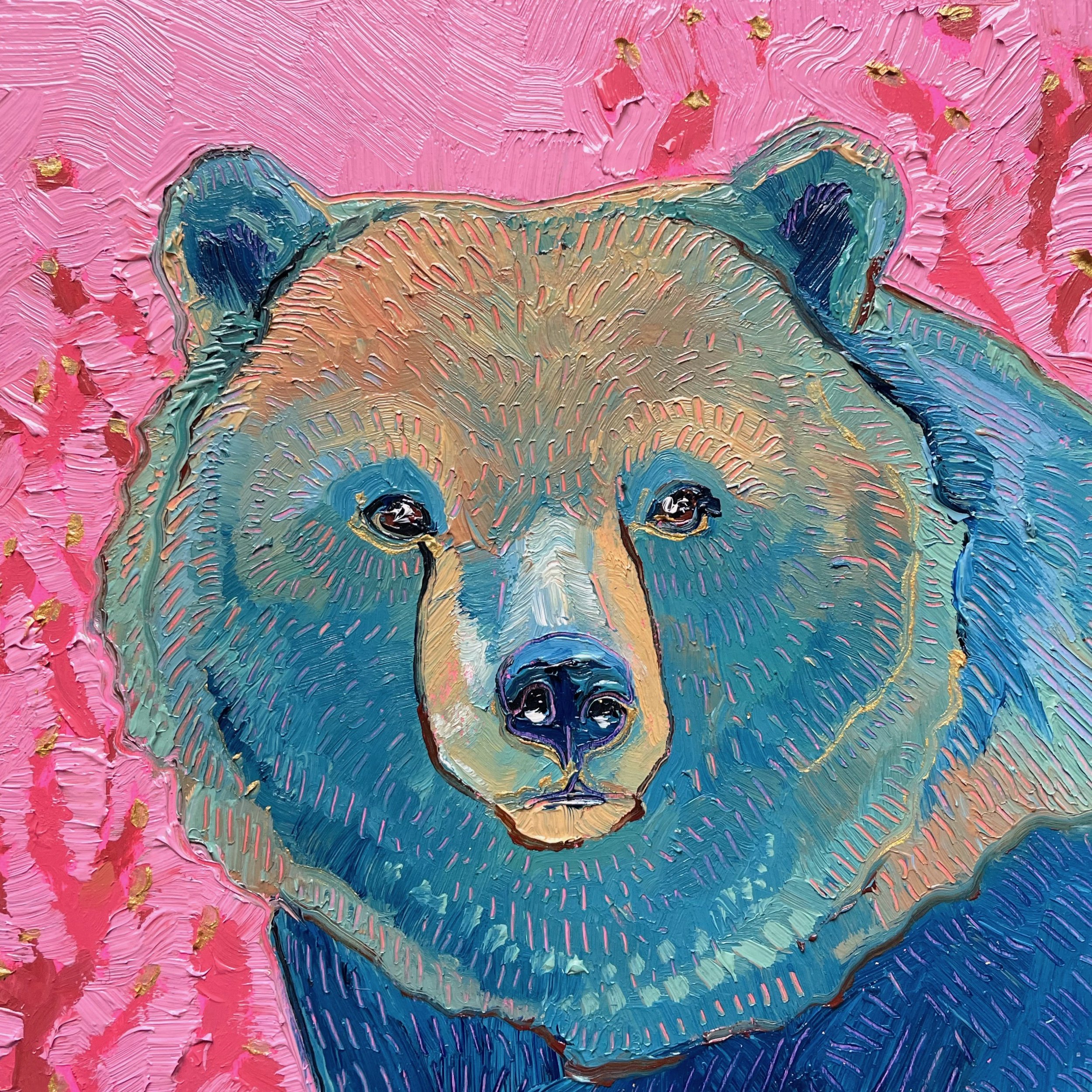 a colorful painting of a blue bear against a pink background