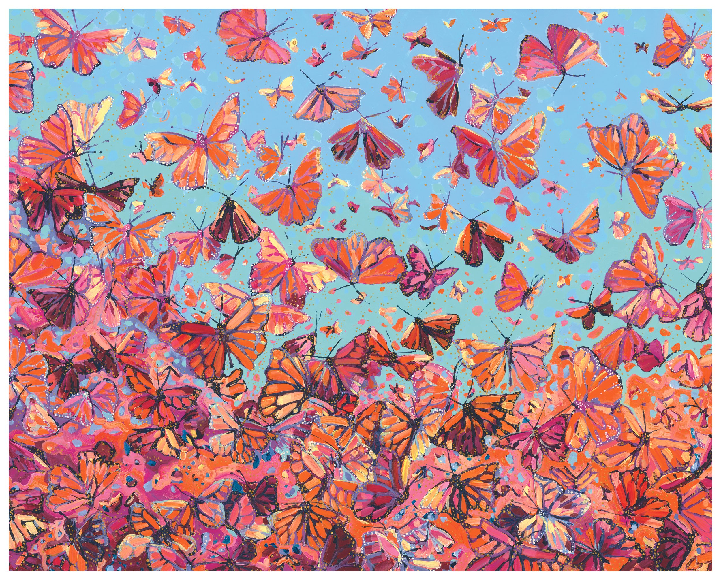 A painting of hundreds of monarch butterflies in flight