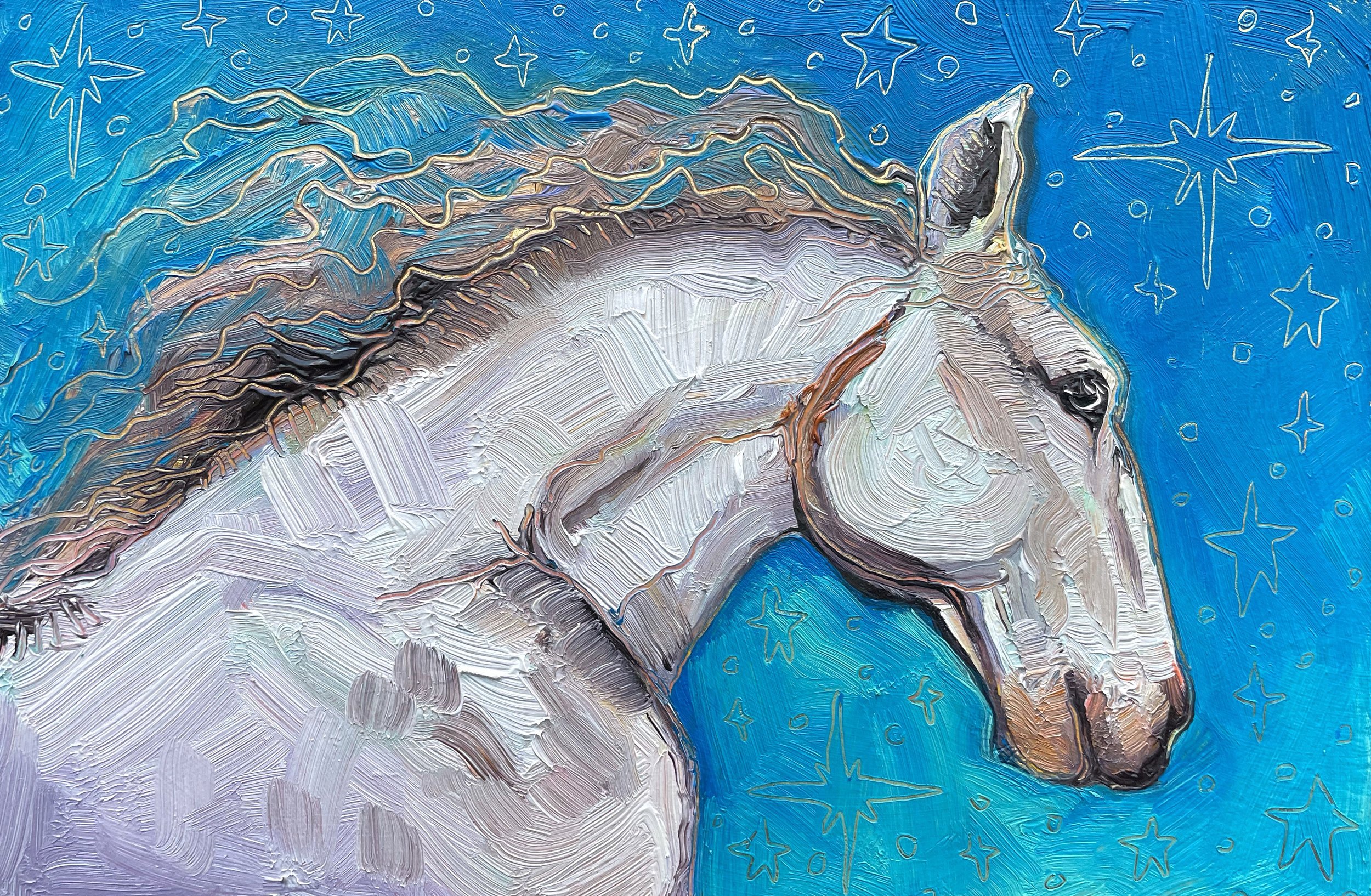 a painting of a white horse in profile against a blue sky