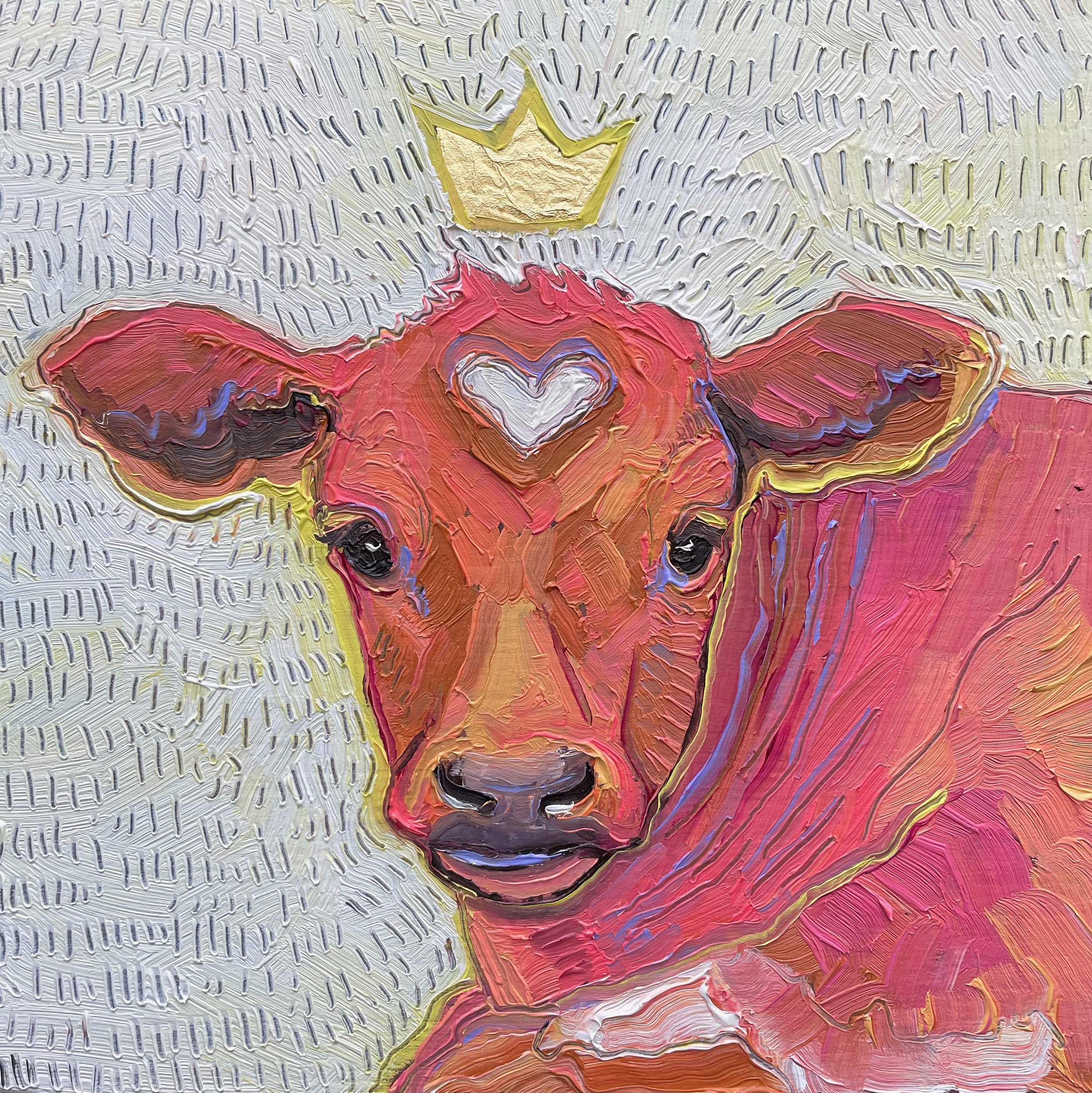 a painting of a cute baby cow with a gold leaf crown floating over its head