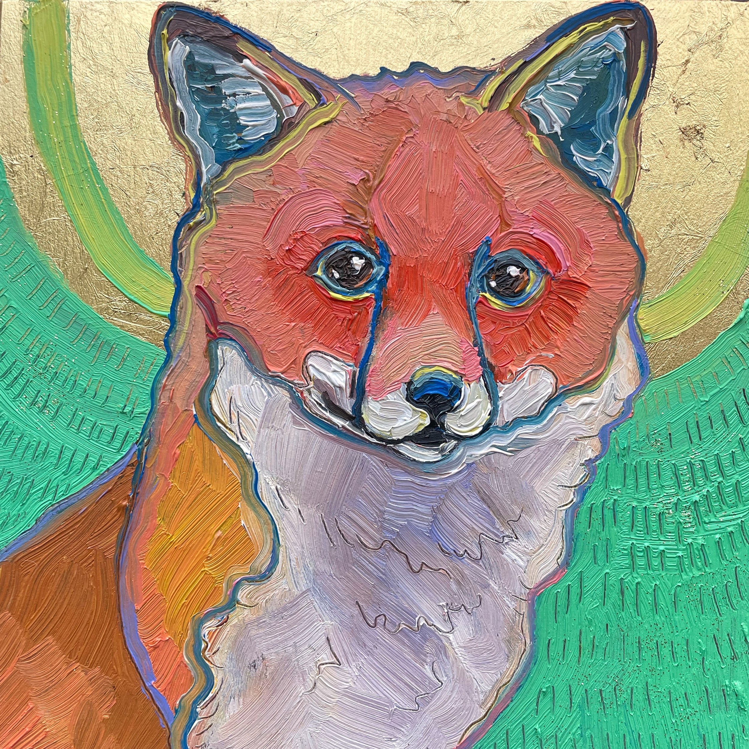 a colorful painting of a cute fox with a gold leaf halo behind it