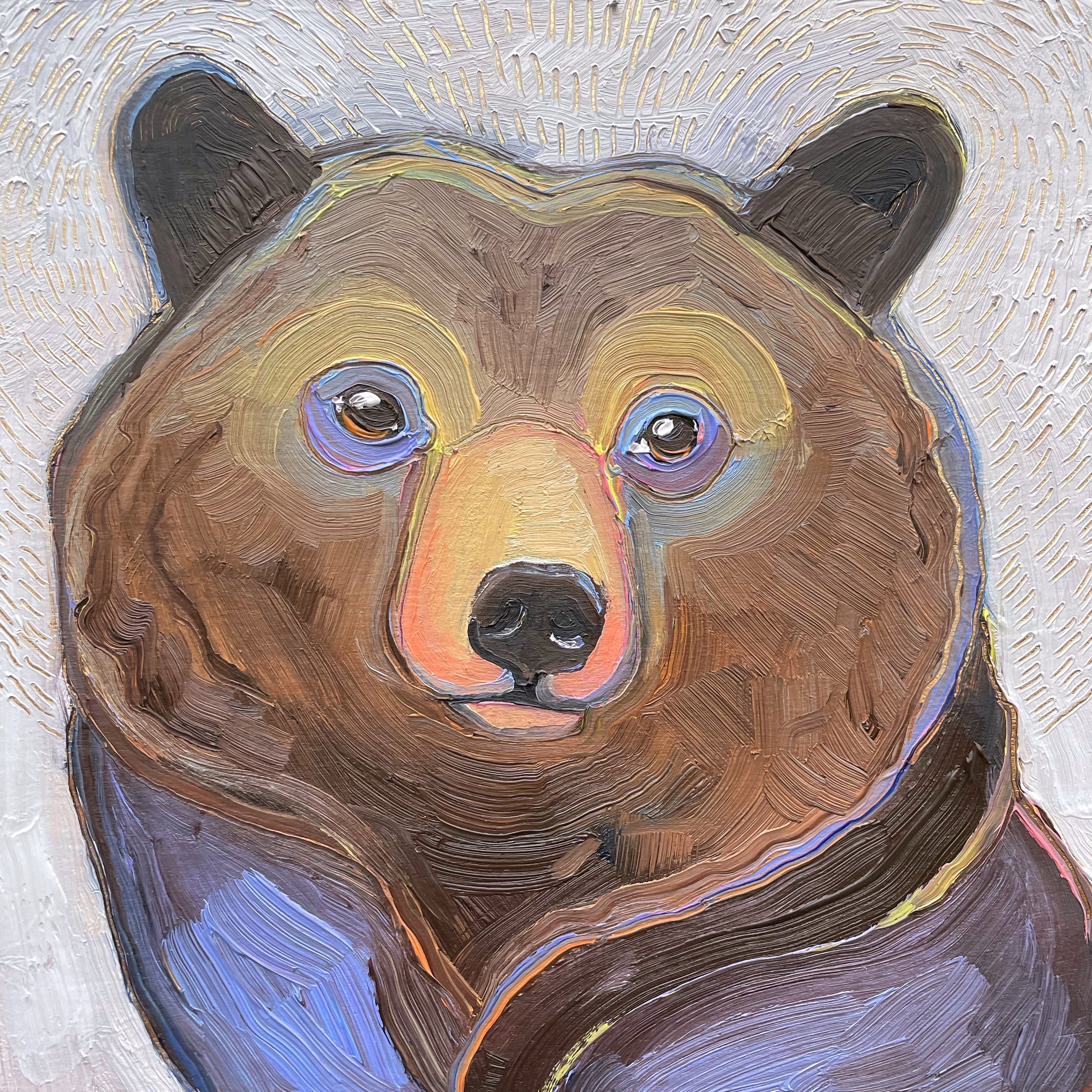 a soft painting of a brown bear against a white background