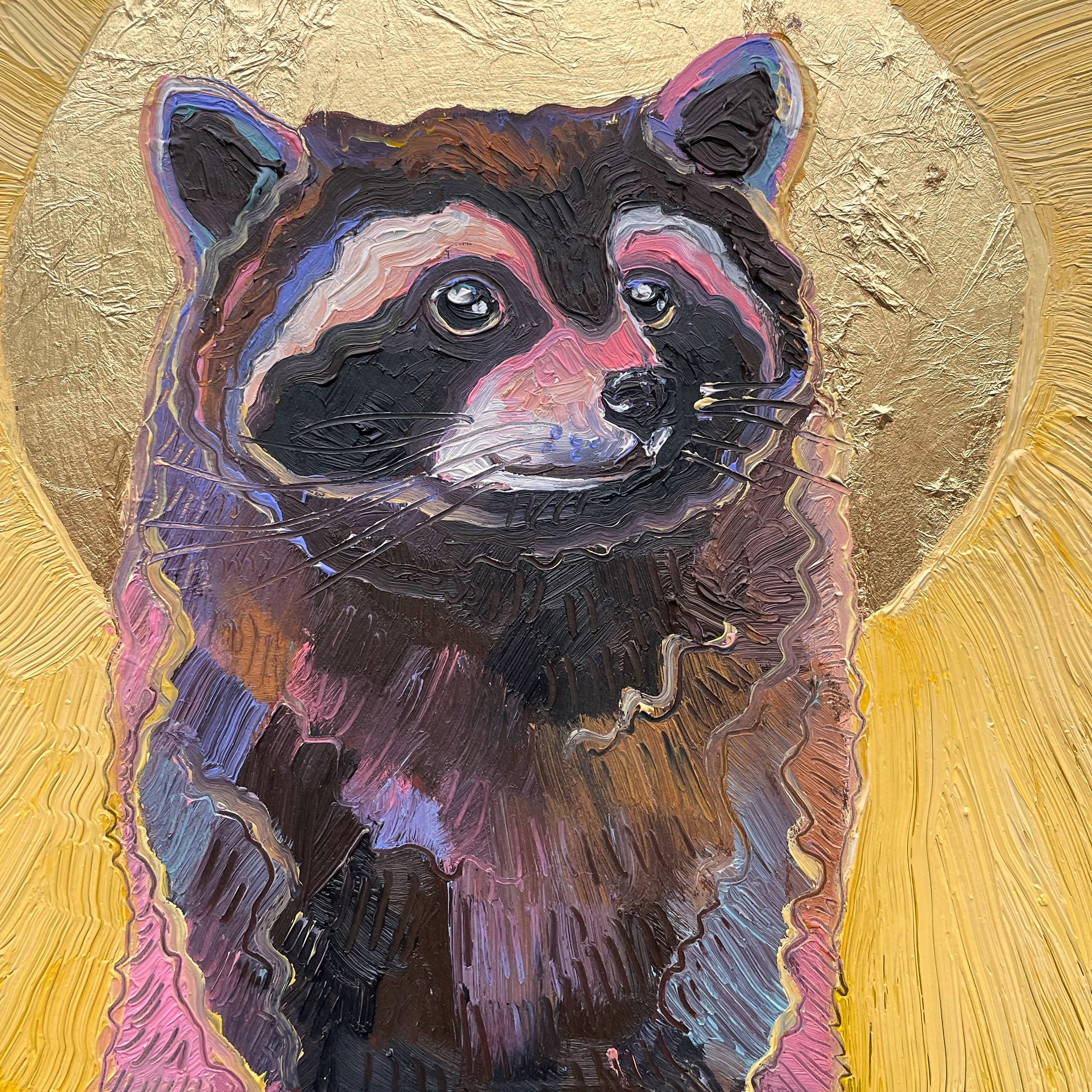 a painting of a cute raccoon with a gold leaf halo behind its head